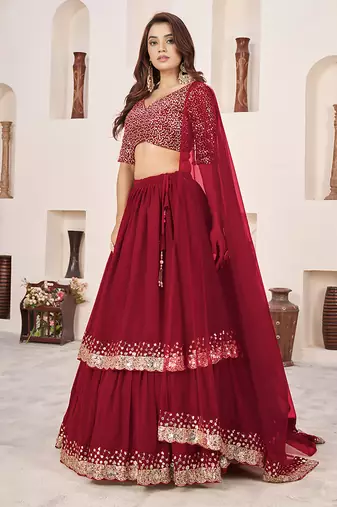 Dark Red Faux Georgette Embroidered Flared Readymade Style Lehenga Choli