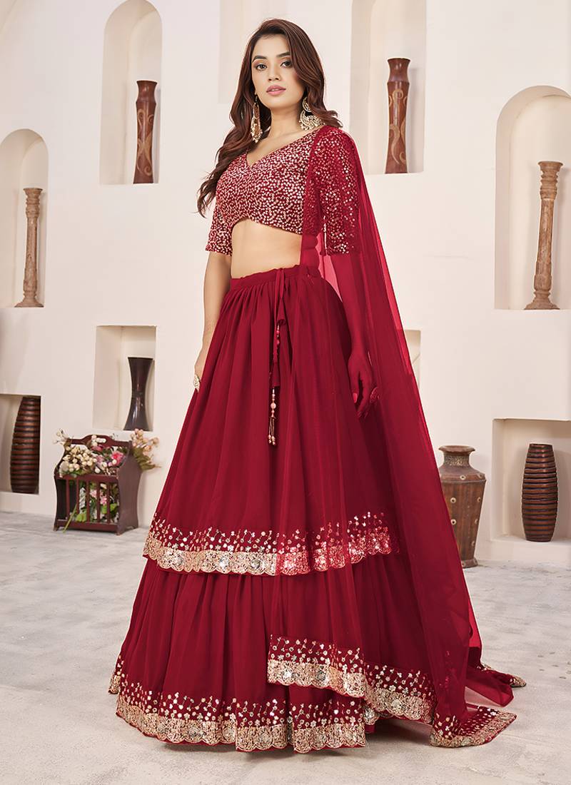 Dark Red Faux Georgette Embroidered Flared Readymade Style Lehenga Choli