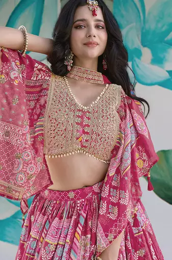 Rani Pink Faux Chinon Silk Digital Print Readymade Lehenga Choli Set with Zari Embroidery