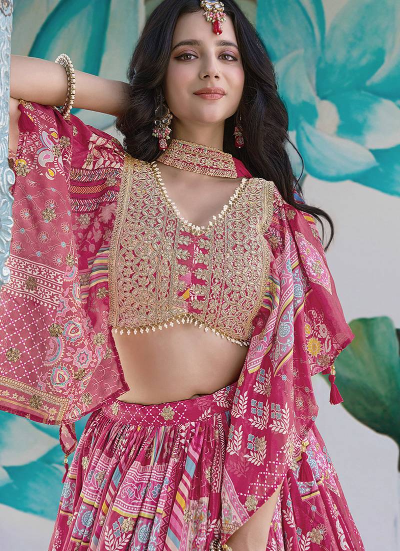 Rani Pink Faux Chinon Silk Digital Print Readymade Lehenga Choli Set with Zari Embroidery