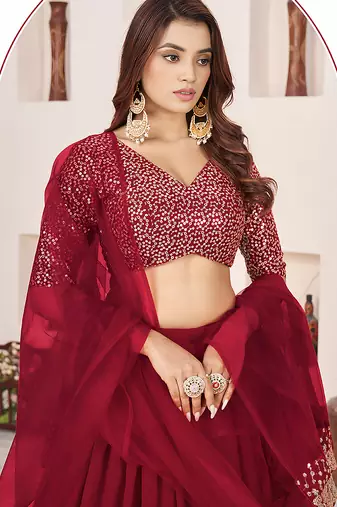 Dark Red Faux Georgette Embroidered Flared Readymade Style Lehenga Choli
