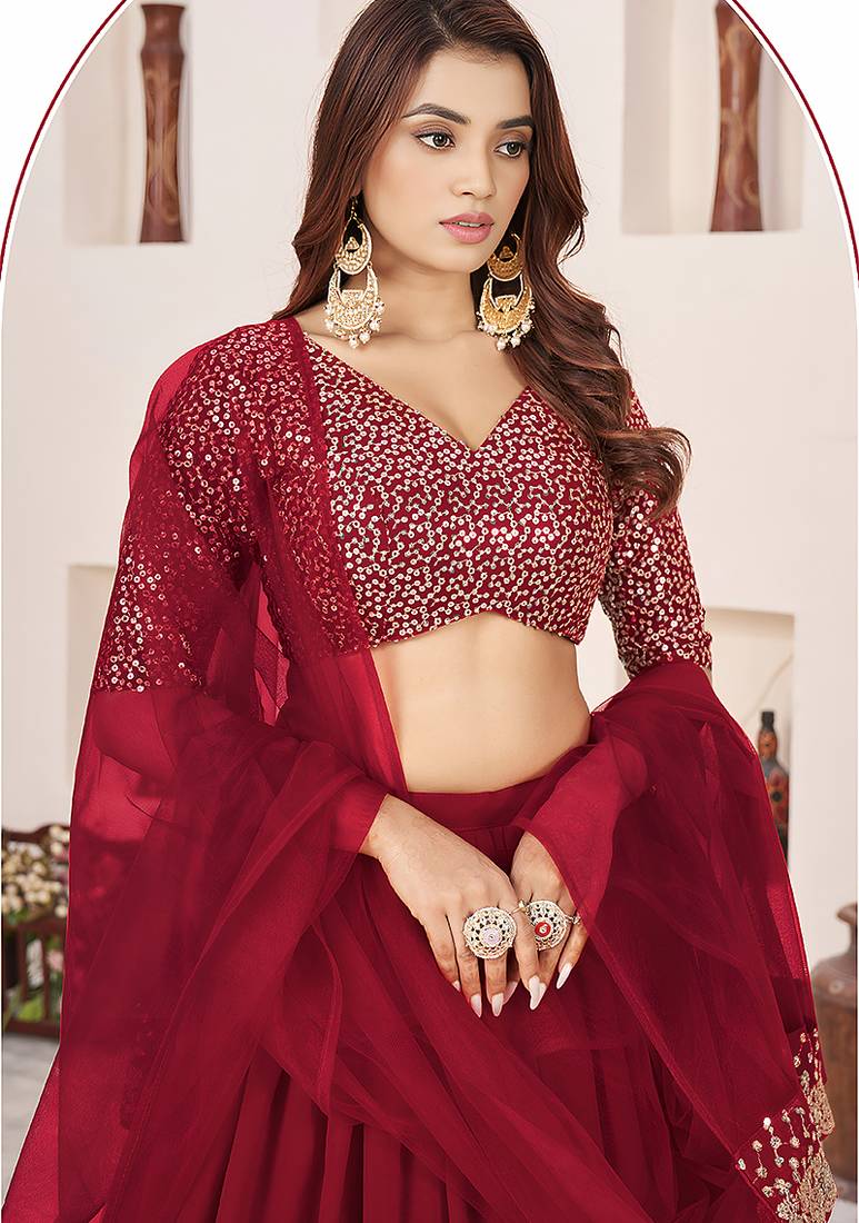 Dark Red Faux Georgette Embroidered Flared Readymade Style Lehenga Choli