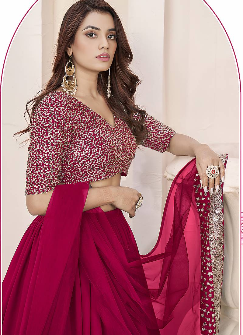 Rani Pink Faux Georgette Embroidered Flared Readymade Style Lehenga Choli