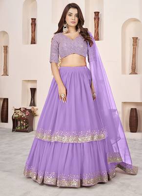 Lavender Faux Georgette Embroidered Flared Readymade Style Lehenga Choli 1