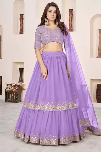 Lavender Faux Georgette Embroidered Flared Readymade Style Lehenga Choli