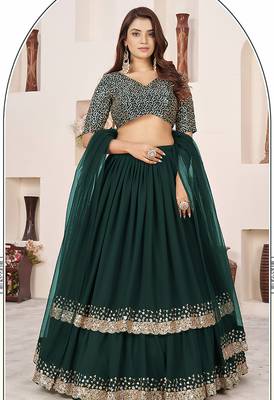 Dark Green Faux Georgette Embroidered Flared Readymade Style Lehenga Choli 1