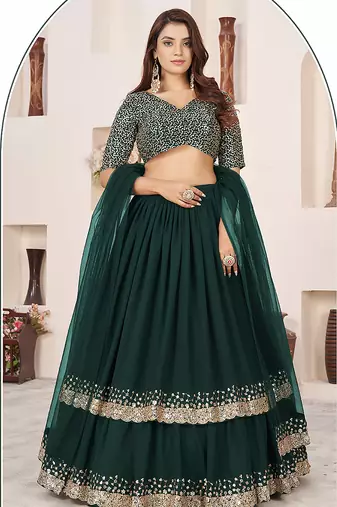 Dark Green Faux Georgette Embroidered Flared Readymade Style Lehenga Choli