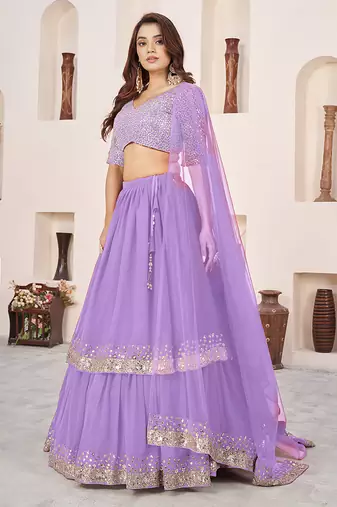 Lavender Faux Georgette Embroidered Flared Readymade Style Lehenga Choli