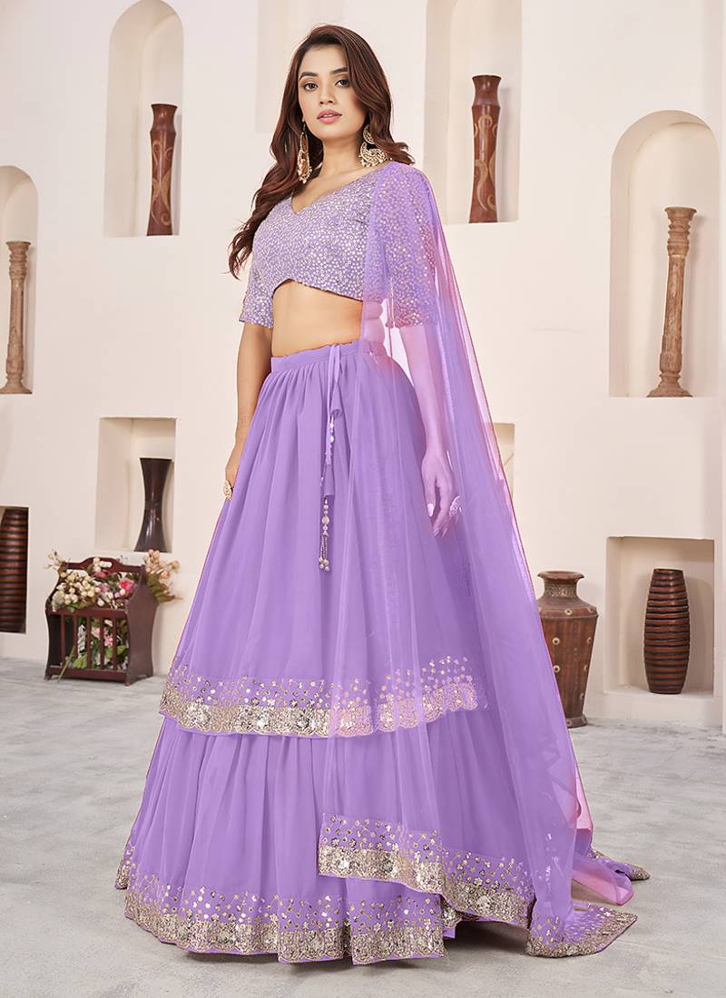 Lavender Faux Georgette Embroidered Flared Readymade Style Lehenga Choli
