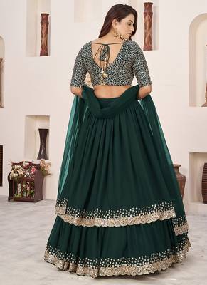 Dark Green Faux Georgette Embroidered Flared Readymade Style Lehenga Choli 2
