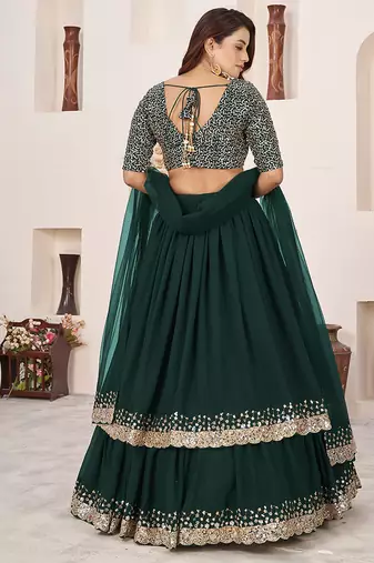 Dark Green Faux Georgette Embroidered Flared Readymade Style Lehenga Choli