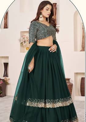 Dark Green Faux Georgette Embroidered Flared Readymade Style Lehenga Choli 3
