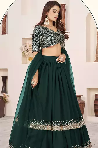 Dark Green Faux Georgette Embroidered Flared Readymade Style Lehenga Choli