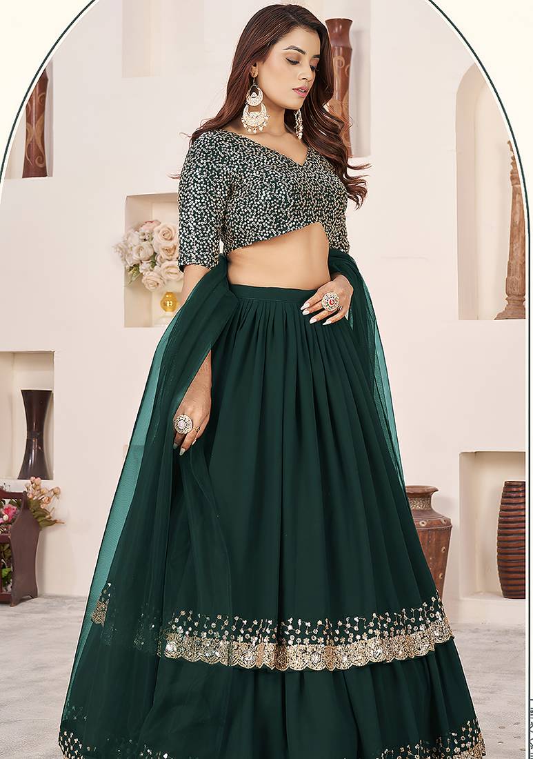 Dark Green Faux Georgette Embroidered Flared Readymade Style Lehenga Choli