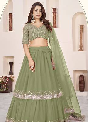 Olive green Faux Georgette Embroidered Flared Readymade Style Lehenga Choli 1