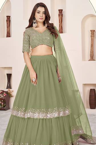Olive green Faux Georgette Embroidered Flared Readymade Style Lehenga Choli
