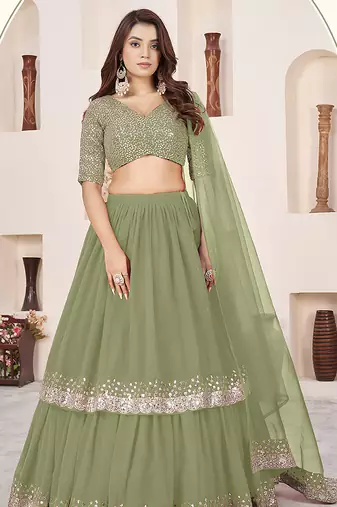 Olive green Faux Georgette Embroidered Flared Readymade Style Lehenga Choli