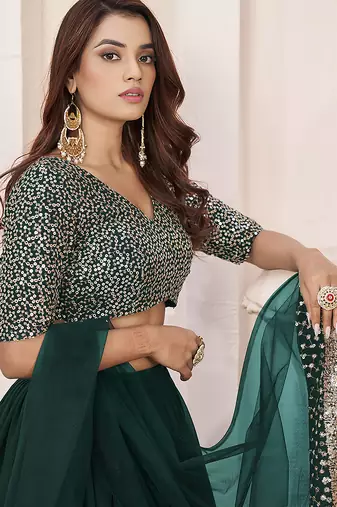 Dark Green Faux Georgette Embroidered Flared Readymade Style Lehenga Choli