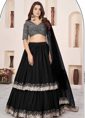 Black Faux Georgette Embroidered Flared Readymade Style Lehenga Choli 1