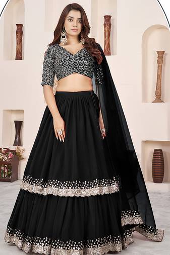 Black Faux Georgette Embroidered Flared Readymade Style Lehenga Choli