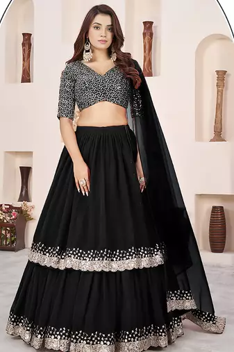 Black Faux Georgette Embroidered Flared Readymade Style Lehenga Choli