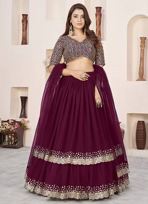 Wine Faux Georgette Embroidered Flared Readymade Style Lehenga Choli 1