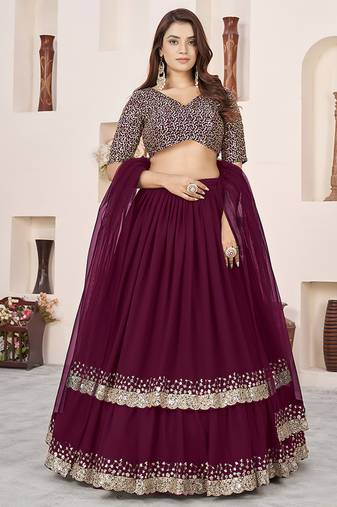 Wine Faux Georgette Embroidered Flared Readymade Style Lehenga Choli