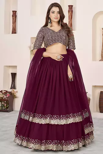 Wine Faux Georgette Embroidered Flared Readymade Style Lehenga Choli