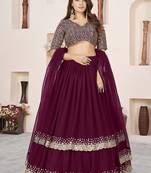 Wine Faux Georgette Embroidered Flared Readymade Style Lehenga Choli