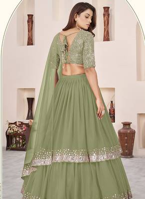 Olive green Faux Georgette Embroidered Flared Readymade Style Lehenga Choli 2