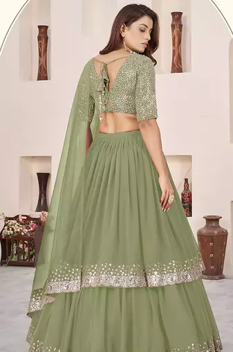 Olive green Faux Georgette Embroidered Flared Readymade Style Lehenga Choli