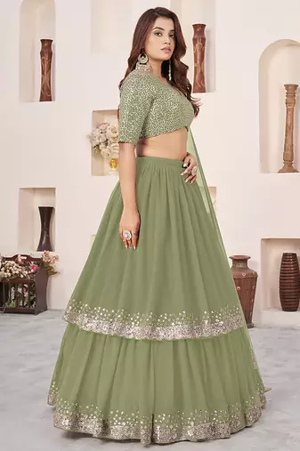 Olive green Faux Georgette Embroidered Flared Readymade Style Lehenga Choli
