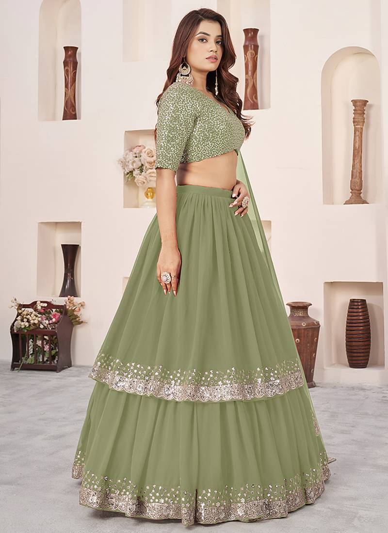Olive green Faux Georgette Embroidered Flared Readymade Style Lehenga Choli