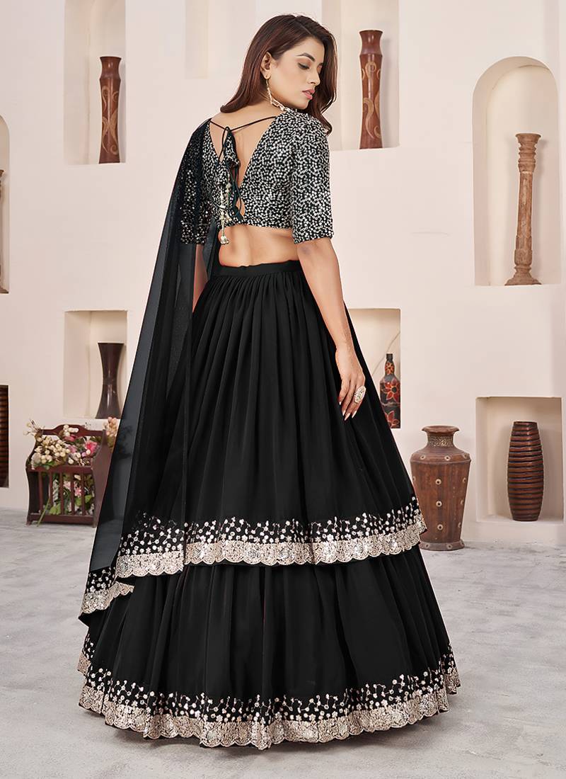 Black Faux Georgette Embroidered Flared Readymade Style Lehenga Choli