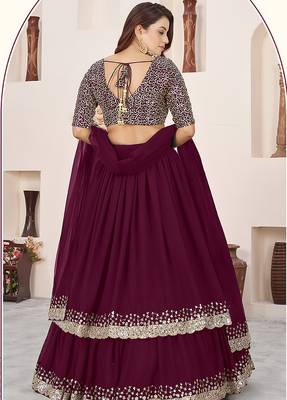 Wine Faux Georgette Embroidered Flared Readymade Style Lehenga Choli 2