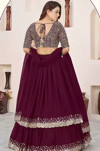 Wine Faux Georgette Embroidered Flared Readymade Style Lehenga Choli