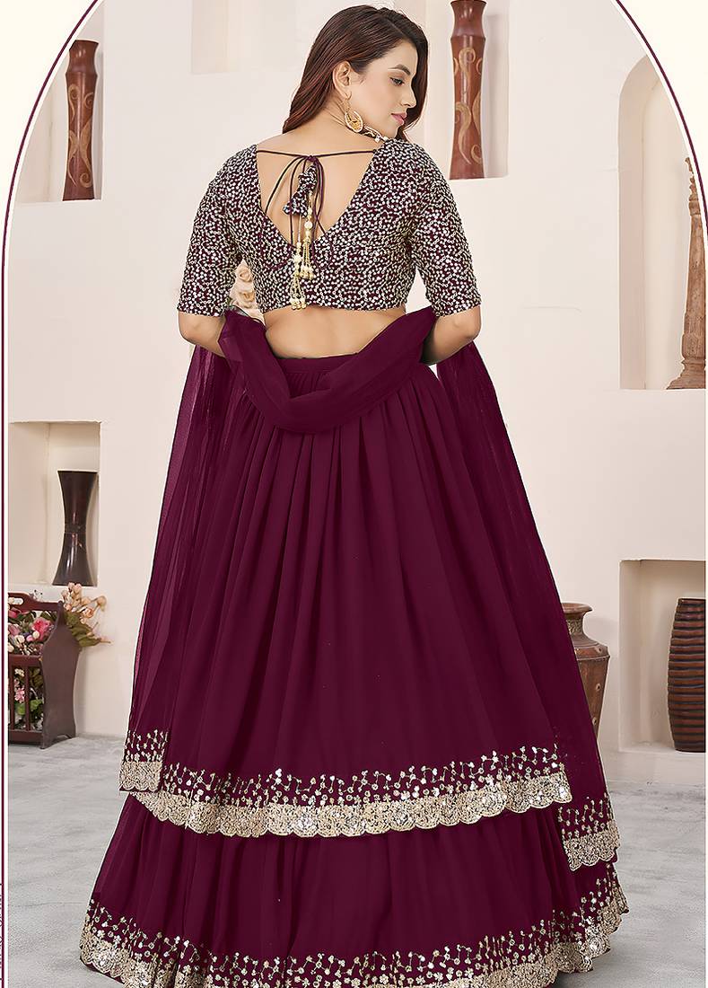 Wine Faux Georgette Embroidered Flared Readymade Style Lehenga Choli