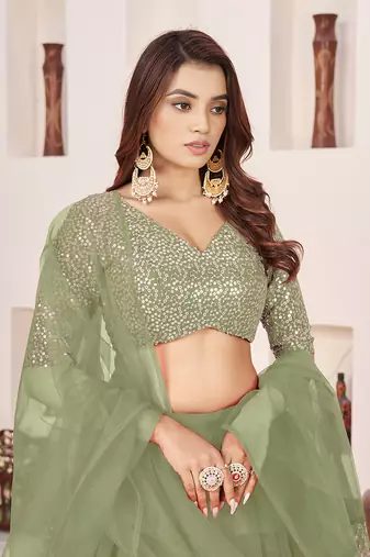 Olive green Faux Georgette Embroidered Flared Readymade Style Lehenga Choli