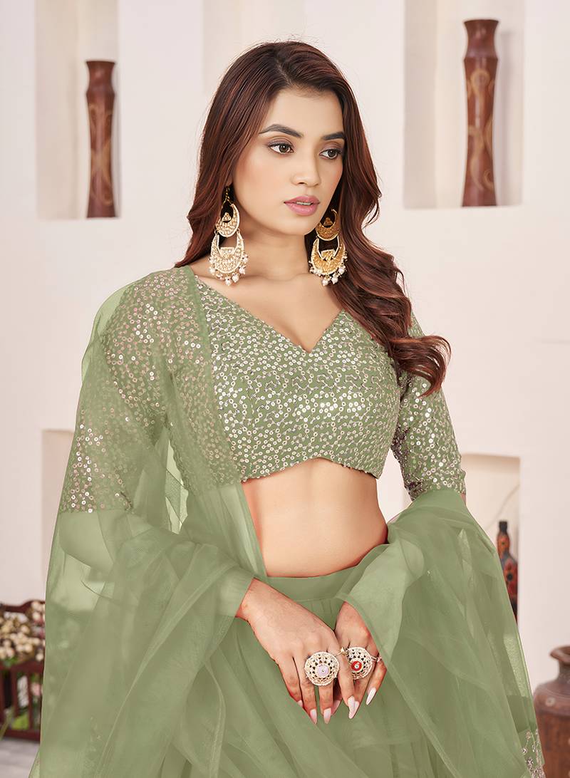 Olive green Faux Georgette Embroidered Flared Readymade Style Lehenga Choli