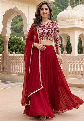 Red Faux Georgette Embroidered Readymade Lehenga Choli Set with Dupatta 1