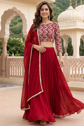 Red Faux Georgette Embroidered Readymade Lehenga Choli Set with Dupatta