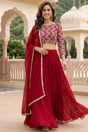 Red Faux Georgette Embroidered Readymade Lehenga Choli Set with Dupatta