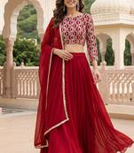 Red Faux Georgette Embroidered Readymade Lehenga Choli Set with Dupatta