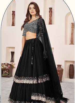 Black Faux Georgette Embroidered Flared Readymade Style Lehenga Choli 3