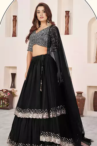Black Faux Georgette Embroidered Flared Readymade Style Lehenga Choli