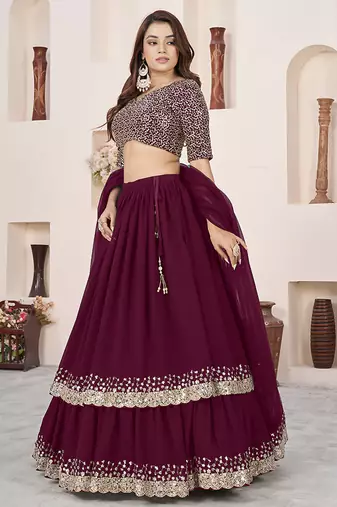 Wine Faux Georgette Embroidered Flared Readymade Style Lehenga Choli