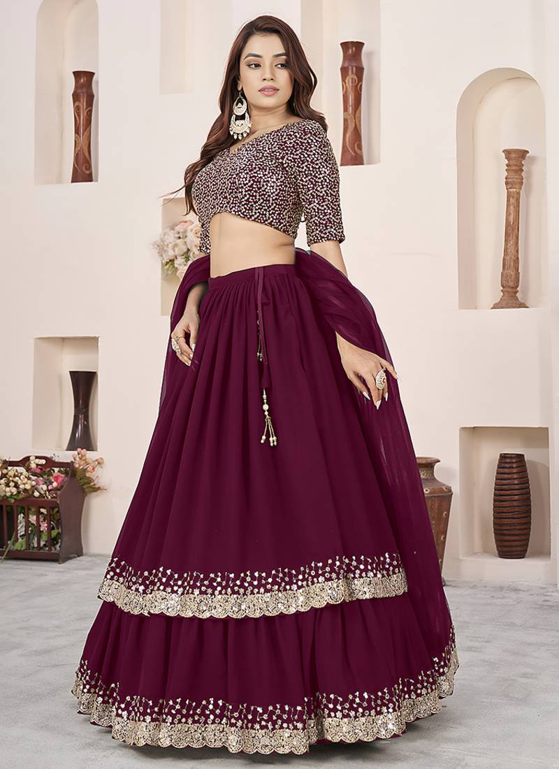 Wine Faux Georgette Embroidered Flared Readymade Style Lehenga Choli