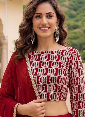 Red Faux Georgette Embroidered Readymade Lehenga Choli Set with Dupatta 2