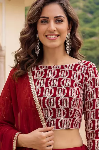 Red Faux Georgette Embroidered Readymade Lehenga Choli Set with Dupatta