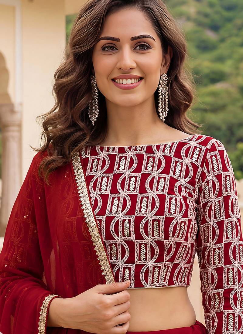 Red Faux Georgette Embroidered Readymade Lehenga Choli Set with Dupatta